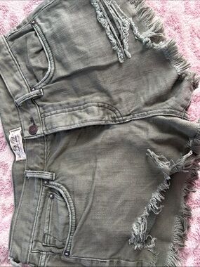 We The Free Olive Green Distressed Frayed Denim Shorts